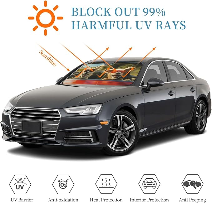 Windshield Sun Shade Dog Driving Car Funny Car Front Window Sunshade Cover for Truck SUV Blocks UV Rays Automotive Visor Interior Protector 55 x 30 inch