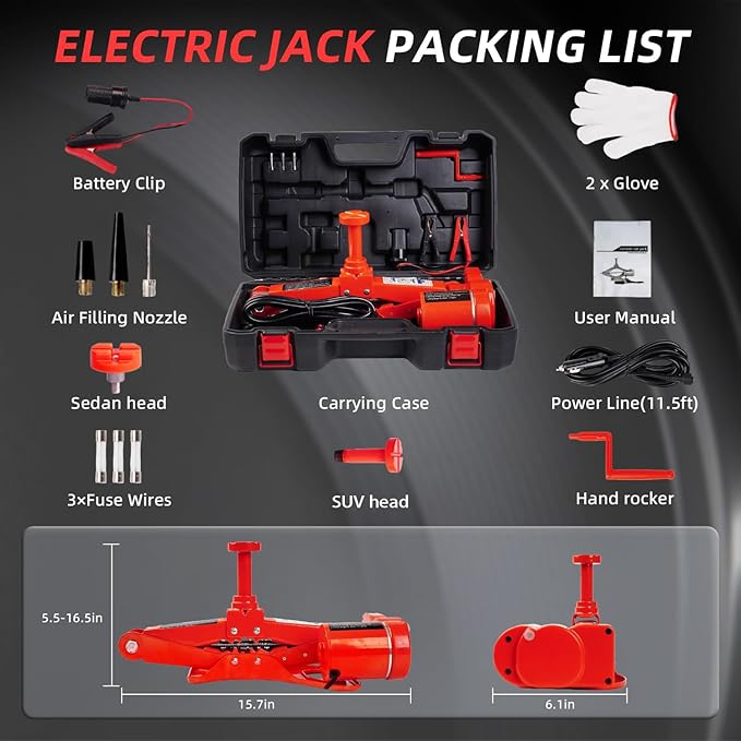 Electric Car Jack 3T Scissor Floor Jack Set 12V Automatic Vehicle Lift Kit for Road Emergency Tire Change Car Repair Tool for Sedans and SUV Red