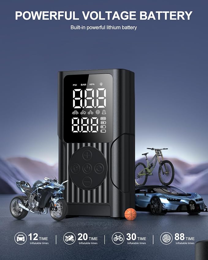Tire Inflator Portable Air Compressor - 3X Faster Cordless Air Pump for Car Tires, 150PSI Electric Bike Pump with Digital Gauge & Auto Shut Off, LED Light, Power Bank