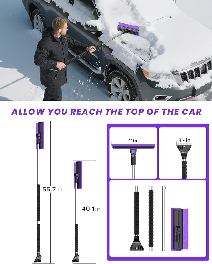 2025 Extra Long 55.7" Ice Scrapers for Car Windshield Multi-Functional Detachable Car Ice Scraper with Foam Grip and 270° Pivoting Brush Head Snow Brush for SUV Truck Auto(Purple)