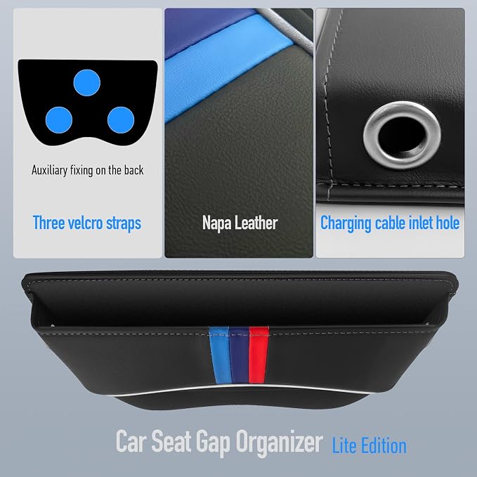 Car Seat Gap Filler Organizer, Black, 2 Pack | Leather, Adjustable, For Front Seats, Storage Box for Phones, Keys, Coins