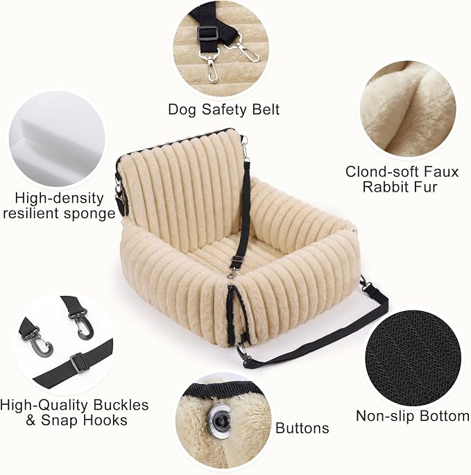 Dog Car Seat for Small/Medium Dogs up to 25 lbs, Multi-Functional Dog Carrier for Car with Detachable Washable Cover, Pet Travel Bed with Clip-On Safety Leash, Brown
