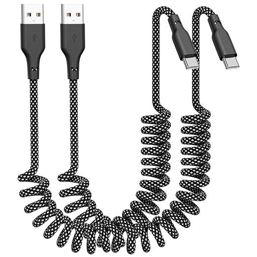 Car Carplay Cable 2Pack Coiled USB A to USB C Fast Charge Cord for iPhone 17/16/15/Plus/Pro Max/MacBook Pro, Auto Retractable iPhone Car Cord Grey