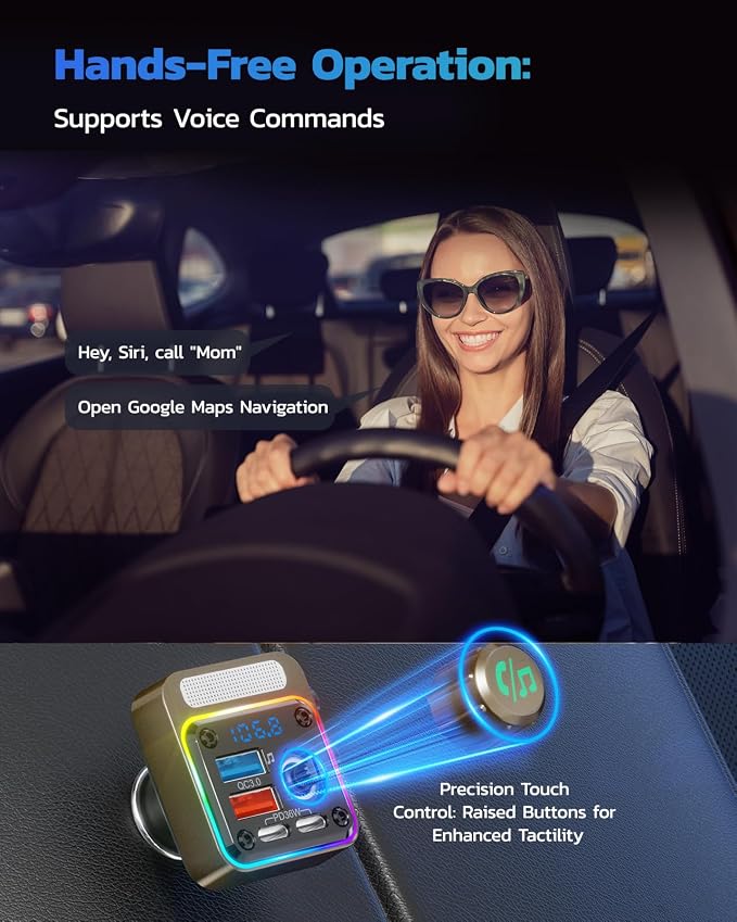 54W Bluetooth 5.3 Car Adapter with 4 Charging Ports [PD 36W & QC3.0 18W], Wireless Radio FM Transmitter with Deep Bass Player & 5 Colors LED Backlit, Hands-Free Calling - Gold