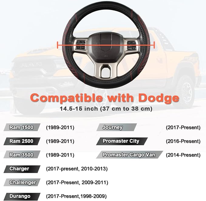 Customized Auto Car Steering Wheel Cover for Dodge 1989-2011 RAM 1500 2500 3500, Charger, Durango, Challenger (Diamond Quilted-Black+Red-Standard Size)