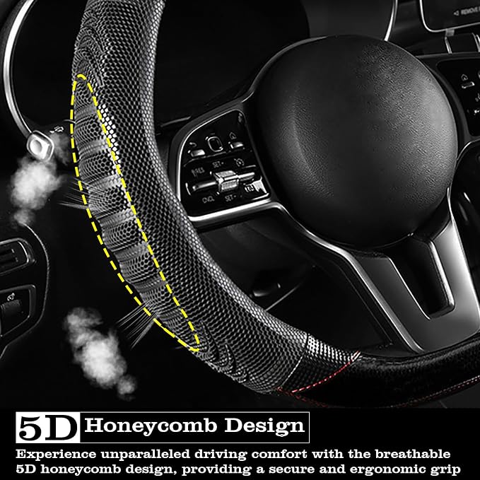5D Honeycomb Black Car Steering Wheel Cover,14.5-15 Inch Universal Carbon Fibre Leather Covers Breathable Anti-Slip Odorless Steering Wheels Accessories for Men Women