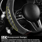5D Honeycomb Black Car Steering Wheel Cover,14.5-15 Inch Universal Carbon Fibre Leather Covers Breathable Anti-Slip Odorless Steering Wheels Accessories for Men Women