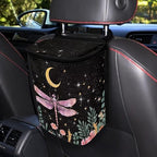 Dragonfly Flower Moon Print Car Trash Can with Lid, Leak Proof Auto Trash Bag Hanging Vehicle Garbage Can Multipurpose Storage Container for Back Seat Road Trip