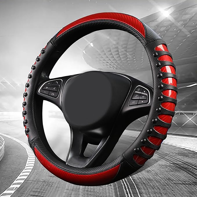 Car Leather Steering Wheel Cover - Carbon Fibre Material, Universal 14.5-15 Inch Leather Anti-Slip Breathable Auto Steering Wheel Covers for Men Women (3D Massage - Sports Red)