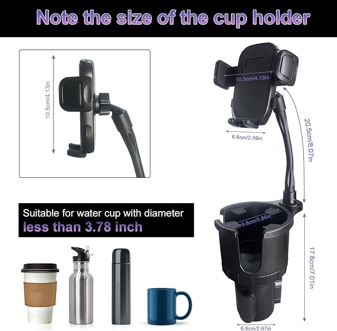 JINKEY Cup Holder Phone Mount, 360°Rotation Gooseneck Car Cup Holder Expander with Cell Phone Holder with Adjustable Base Phone Cup Holder for Car Compatible with iPhone & All Smartphones