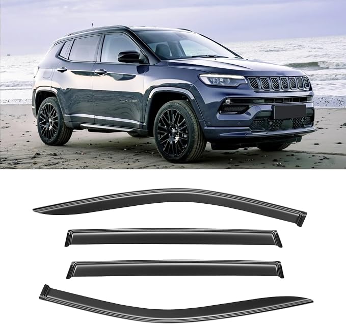 Window Visor for 2017-2025 Jeep Compass, Out-Channel Rain Guards Shields Vent Deflector Shade Wind Dark Smoke Ventshade Ventvisor for Compass 2018 2019 2020 2021 2022, Tape-On Outside-Mount, 4PCS