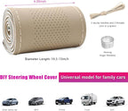Genuine Leather Steering Wheel Cover, Stitch on Wrap, Breathable Anti-Slip Car Steering Wheel Protector for Max Diameter 15 Inch, DIY Sewing with Needles Thread (Beige, Middle Hole)