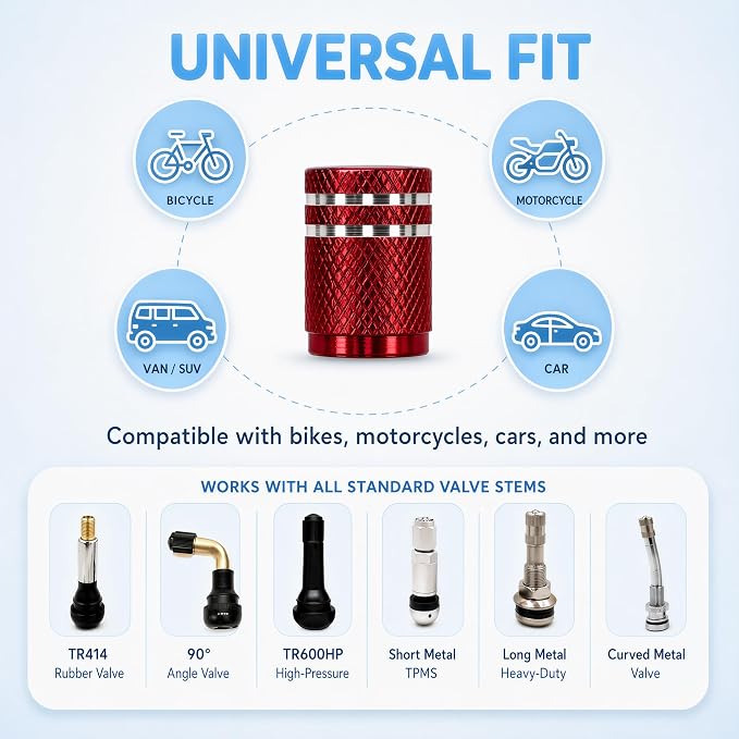 Tire Valve Stem Caps 8 Pack, Aluminum Tire Valve Caps with Plastic Liner, Corrosion Resistant Leak Proof Air Valve Caps, Universal Valve Stem Caps for Cars, Trucks, SUVs, Motorcycles and Bikes