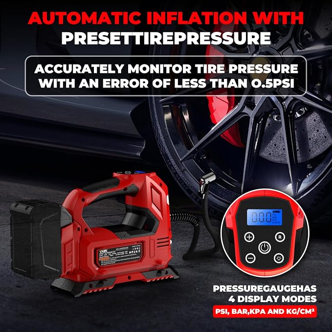 Cordless Tire Inflator Air Compressor Compatible with Milwaukee 18V Battery,160PSI Portable LED Light Handheld Pump with Digital Pressure Gauge Cars Motorcycles Bikes Balls(Battery Not Included)