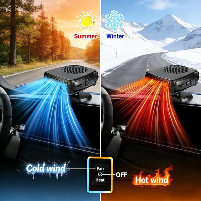 Car Heater, 12V 200W Car Heater Portable（ Plugs into Cigarette Lighter）, Portable Heater for Car, 360° Rotatable Car Defroster Windshield Heater