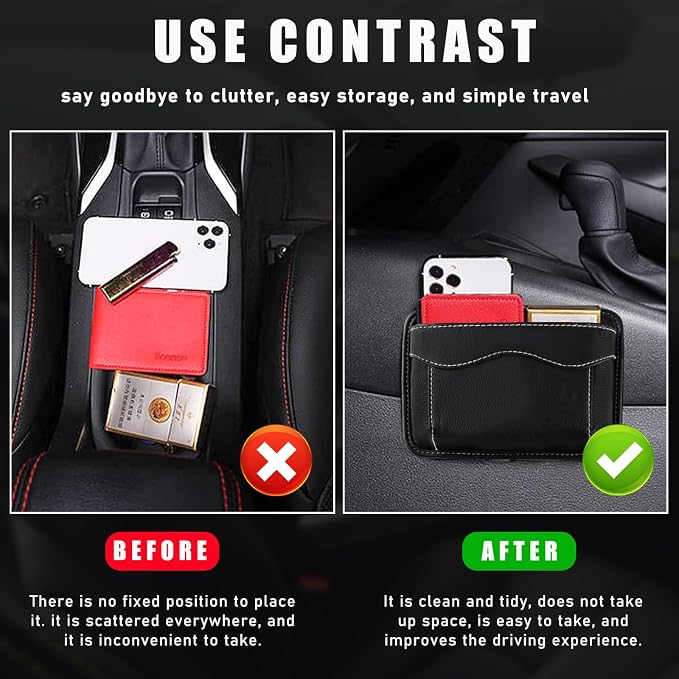 2 PCS Car Seat Side Pocket Organizer, PU Leather Cell Phone Sunglasses Storage Pocket, Mini Seat Gap Filler Pouch for Auto Seat Door Window Console, Interior Car Accessories (Black)