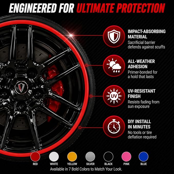 Rim Protector Kit for Car Wheels – Alloy Wheel Guard Strip Kit Fits up to 21" Rims | Set of 4 Rim Protectors | Easy to Install Curb Rash Defense for Rims (White)