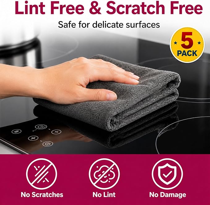 Genie Magic Cleaning Cloth 5 Pack, XXL Microfiber Magic Cloth for Stainless Steel, Glass, Mirrors, Windows, Kitchen, Bathroom, Car & Screens, Reusable Lint Free Streak Free Cleaning Towels (15 PCS)