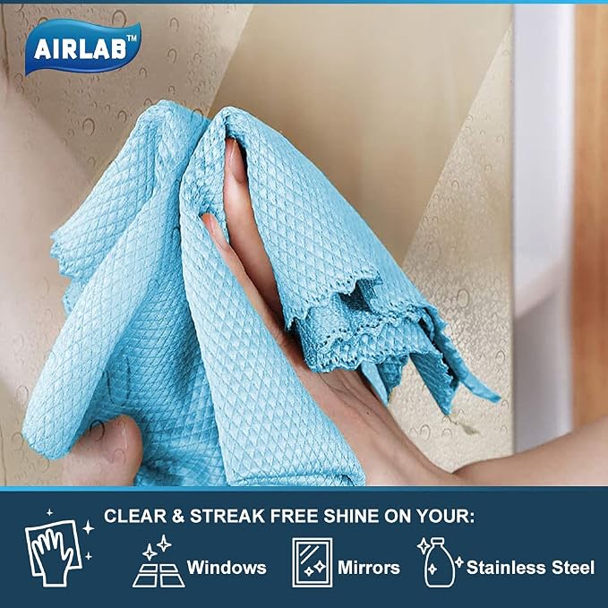 Airlab Glass Polishing Cloth Streak Free Miracle Cleaning Cloth Lint Free Microfiber Cleaning Rags for Glasses Kitchen Dish Mirrors Easy Clean, Pack of 8, 16" x 12", Grey & Blue
