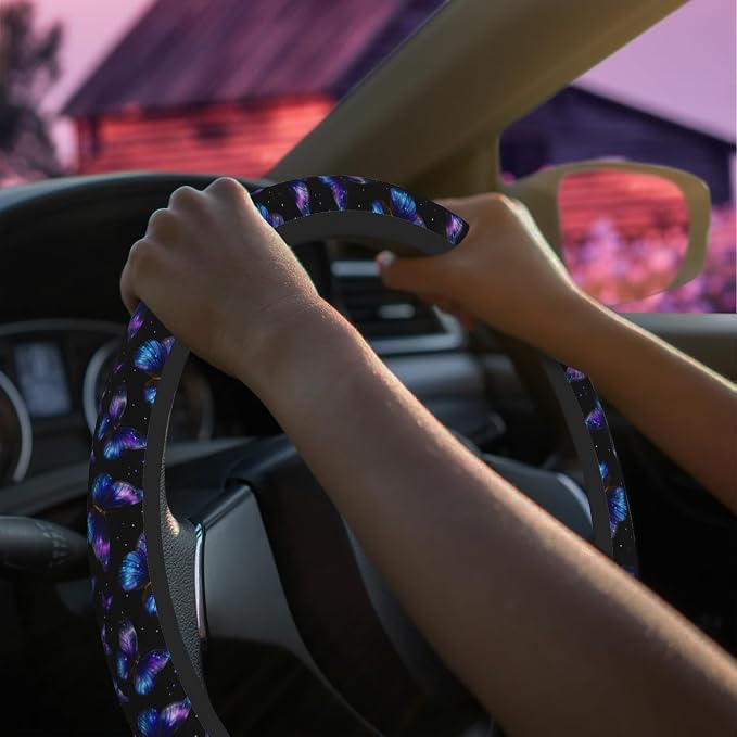 Galaxy Butterfly Steering Wheel Cover for Women Men Neoprene Breathable Wheel Cover Protector Anti-Slip Car Accessories Universal 15 Inch Fit for Cars Trucks Vehicles
