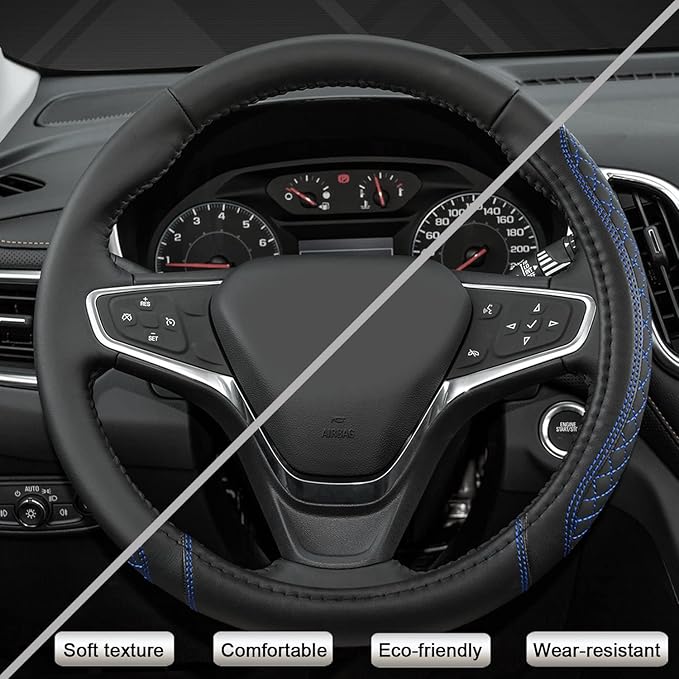 Customized Auto Car Steering Wheel Cover for Chevy Silverado,Tahoe,Equinox,Traverse,Trailblazer,Colorado (Diamond Quilted-Black+Blue-Standard Size)