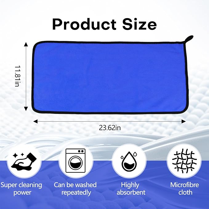 3PCS Car Microfiber Towels, 23.62"×11.81" Lint-free Microfiber Towels for Cars Wash Drying, Super Absorbent Auto Cleaning Cloths, Reusable Washing & Detailing Towel, Car Cleaning Supplies (Blue)