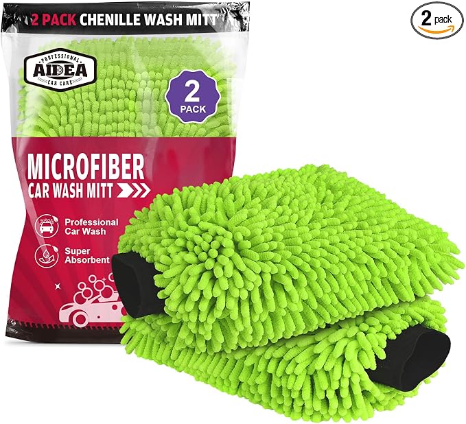 AIDEA Car Wash Mitt Microfiber, 2PK, Car Wash Brush, Green, 8' X12'' | Scratch Free Lint Free, Premium Chenille Microfiber Wash Mitt, Cleaning Supplies, Extra Large Size