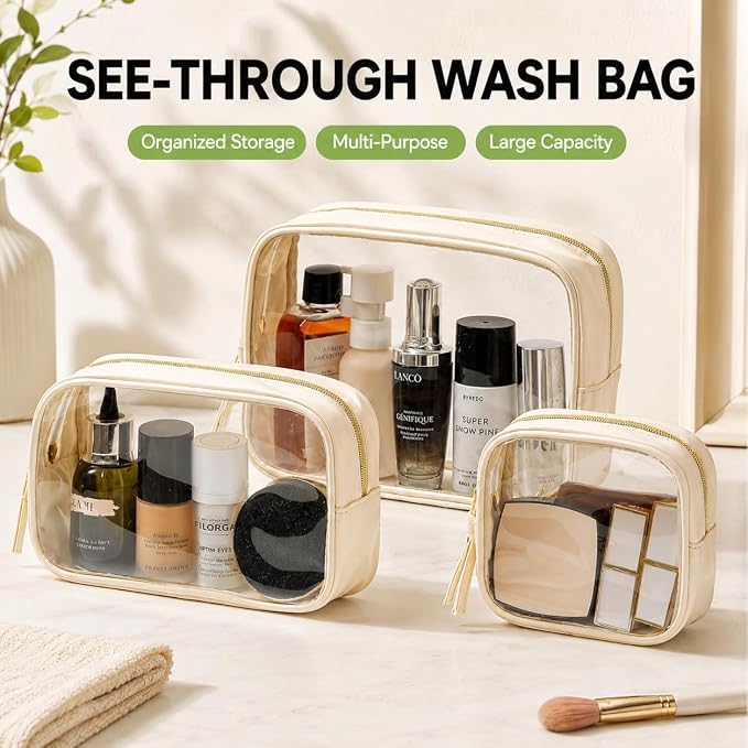 Clear Makeup Bags with Zipper, TSA Approved Travel Toiletry Bag,Clear Cosmetic Bag, Waterproof Make Up Bag for Women (Stand-up, off-white, 1 Small + 1 Medium + 1 Large)