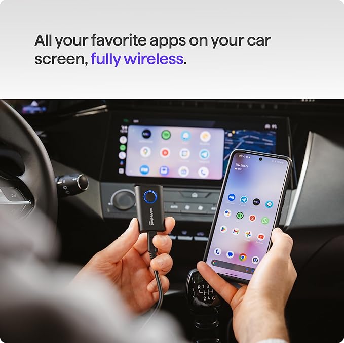 TWO+ Compatible with Android Auto & Apple Carplay 2-in-1 Wireless Adapter | Wireless Connection via Bluetooth & WiFi | iPhone X+ & Android 11+ | Multifunctional Button | Made in Europe