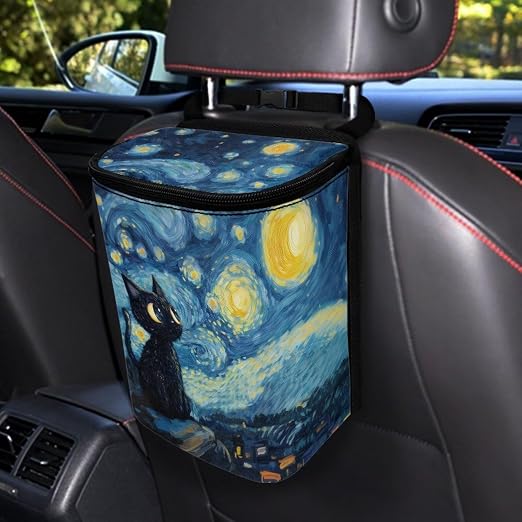 Cat Starry Night Print Car Trash Can with Lid, Leak Proof Auto Trash Bag Hanging Vehicle Garbage Can Multipurpose Storage Container for Back Seat Road Trip
