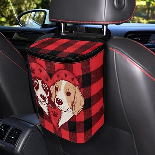 Dog Paw Scottish Tartan Print Car Trash Can with Lid, Leak Proof Auto Trash Bag Hanging Vehicle Garbage Can Multipurpose Storage Container for Back Seat Road Trip