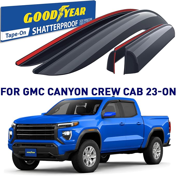 Goodyear Shatterproof Window Deflectors for GMC Canyon 2023-2026 Crew Cab, Tape-on Rain Guards, Window Visors, Vent Deflector Visor, Car Accessories, 4 pcs. - GY008883