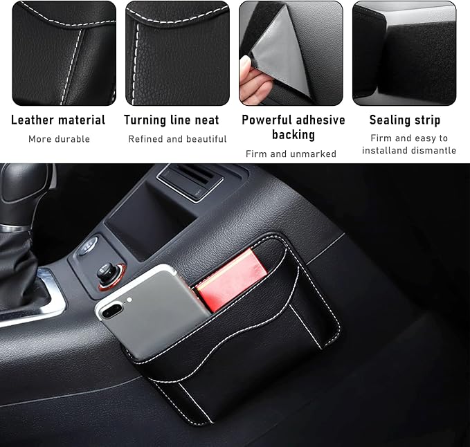 2 PCS Car Seat Side Pocket Organizer, PU Leather Cell Phone Sunglasses Storage Pocket, Mini Seat Gap Filler Pouch for Auto Seat Door Window Console, Interior Car Accessories (Black)