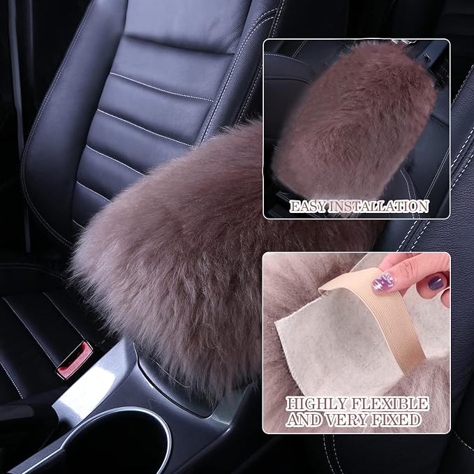Furry Armrest Cover Auto Center Console Cover Car Soft Console Pad, Real Sheepskin Wool Soft Fluffy Auto Center Armrest Pad for Most Car Decoration Protector(Cameo Brown)