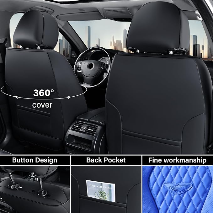 Coverado Car Seat Covers, Leather Seat Covers Full Set, Blue Seat Covers, Car Seat Cushion, Driver Car Seat Covers, Waterproof Car Seat Protector Fit for Most Cars