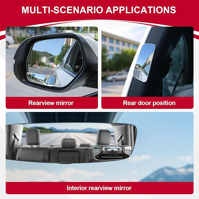 Blind Spot Mirror, Rectangular Shaped HD Glass Frameless Convex Rear View Mirror with wide angle Adjustable Stick for Cars SUV and Trucks, Pack of 2