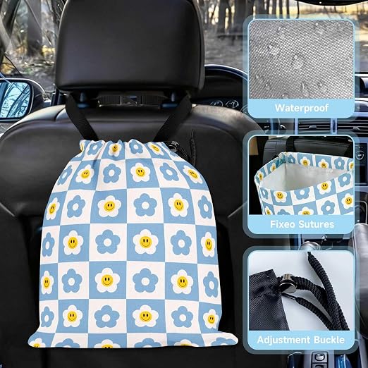 Checkered Smiling Daisy Car Trash Bag - Waterproof Car Trash Bag Hanging Leakproof Car Garbage Bag - Washable Reusable Trash Bag For Car Interior Hanging Organizer Storage Vehicle Travelling Camping