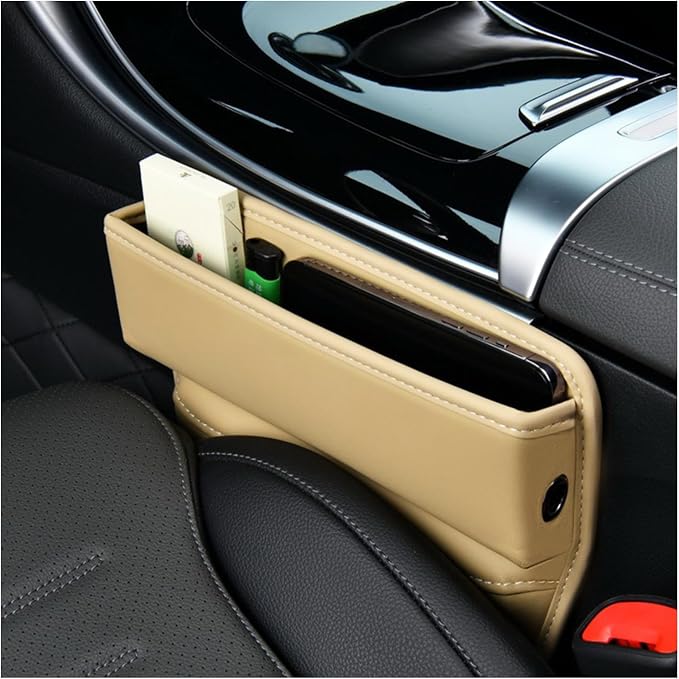 Car Seat Gap Organizer, Premium Leather Auto Seat Storage Box, Vehicle Adjustable Front Seat Gap Filler, Car Seat Side Pocket Organizer for Phones, Glasses, Keys, Money, Cards (Beige)