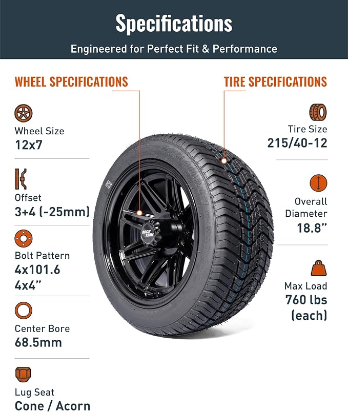 12 inch Golf Cart Wheel Tire Combo Kit, RT103 Gloss Black 12x7 Rim 215/40-12 Low Profile Tire, No Lift Kit Required, Fits Club Car Precedent EZGO TXT RXV Yamaha G1-G29, One Single