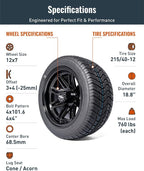 12 inch Golf Cart Wheel Tire Combo Kit, RT103 Gloss Black 12x7 Rim 215/40-12 Low Profile Tire, No Lift Kit Required, Fits Club Car Precedent EZGO TXT RXV Yamaha G1-G29, One Single