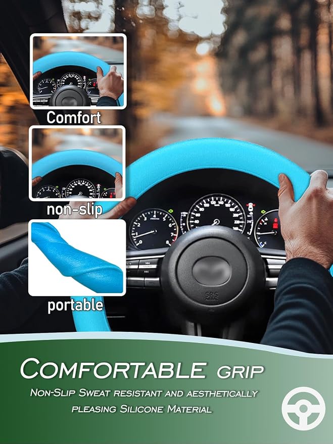 Car Steering Wheel Cover, Non-Slip Silicone Material, Multiple Color Choices, Universal Auto Parts Steering Wheel Cover, Suitable for Most Cars (Light Blue)