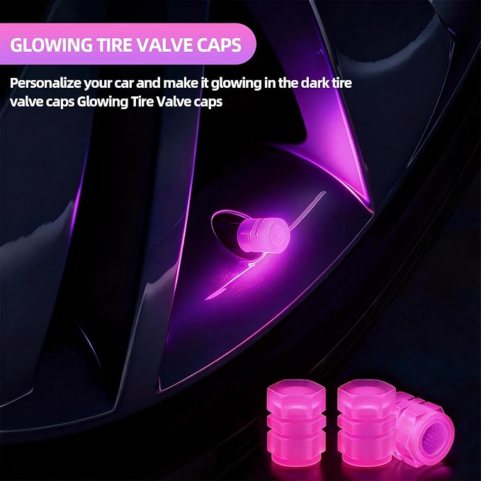 20 Pcs Glow in The Dark Tire Valve Caps Fluorescent Tire Valve Stem Caps, Cool Car Present for Universal Decoration Accessories for Car SUV Bicycle Motorcycles Trucks (Pink)