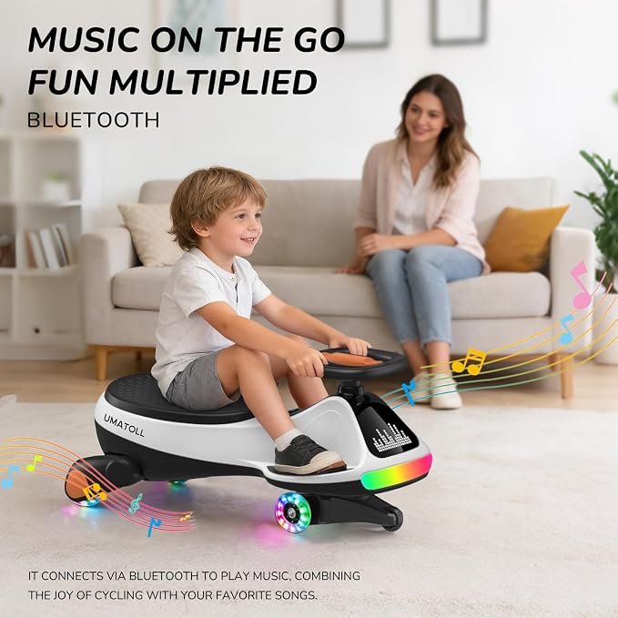12V Electric Wiggle Car for Kids with Pedal, Display, Rechargeable Battery, LED Light, Bluetooth, Light-Up Wheels, Anti-Rollover, 2 Speeds, Ride on Toys, Birthday Gifts for Age 3+, 150Lbs