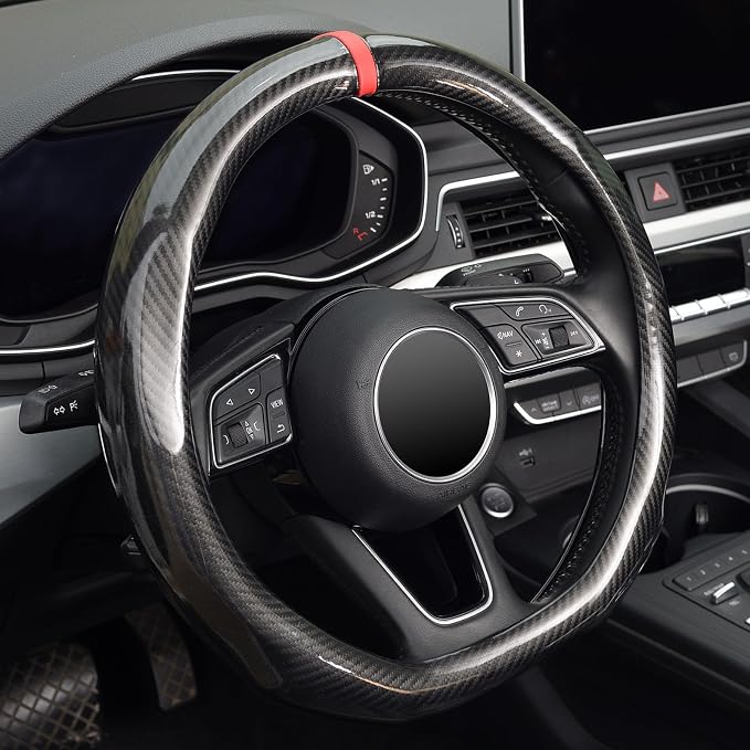 Steering Wheel Cover Carbon Fiber, D Shaped Car Wheel Cover 14 1/2-15 in (37-39 cm), Black