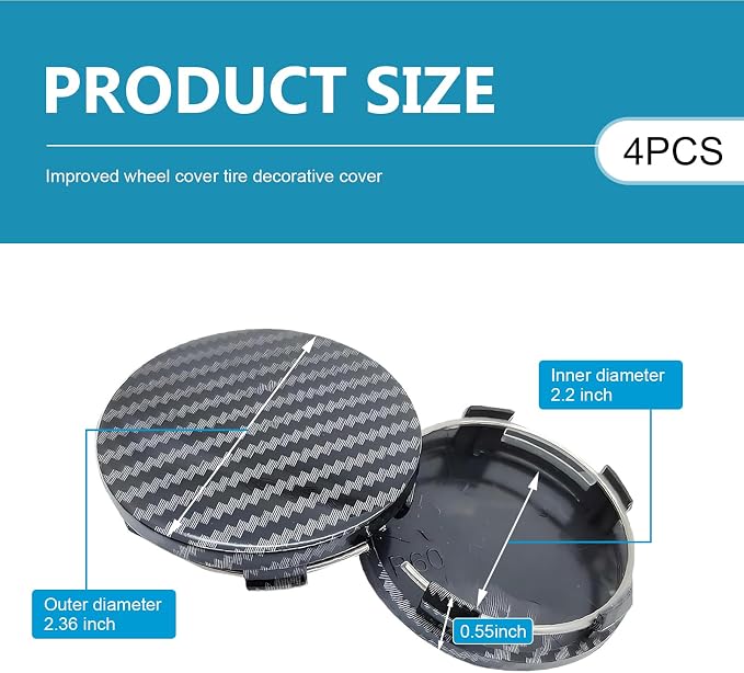 4PCS Car Wheel Hub Center Caps, 2.36" OD 2.2" ID Wheel Center Caps, Carbon Fiber ABS Snap-in Rim Hub Cover, Rustproof Center Caps for Rims, Universal Wheel Hub Decoration (Carbon Fiber)