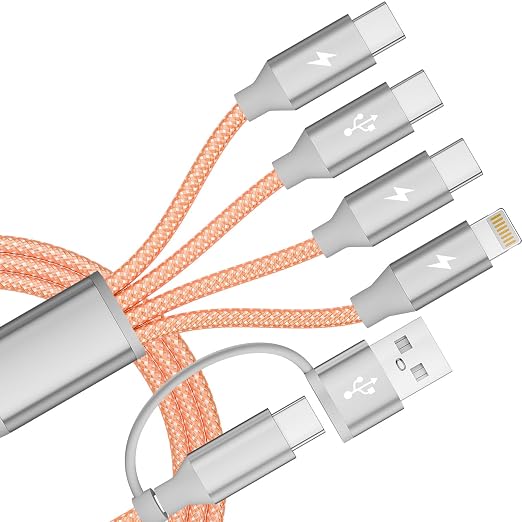 4 in 2 Multi Charging Cable, USB C Multiple Charger Cable with 3 X Type-C,1 X IP, Upgrade 2026 Travel Essentials Phone Charger Cord for iPhone 17/16/15/14,Car Accessories for Women,Orange