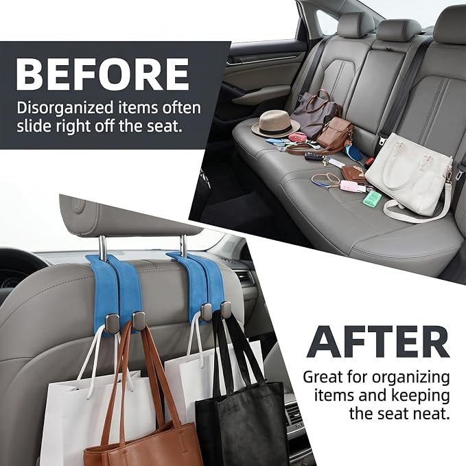 Car Seat Headrest Storage Hooks - 2 Pack Dual Hangers Design Organization Accessories, Car Interior Gadgets to Add Extra Holder and Hook for Purses,Bags,Coat and Handbag