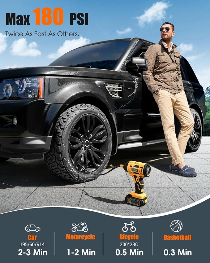 Cordless Tire Inflator, 180PSI Portable Air Compressor with 21V Rechargeable Battery & 12V DC Car Adapter, Fast Inflation Digital Pump for Cars, Motorcycles, Bikes & Sports Balls - Black Yellow