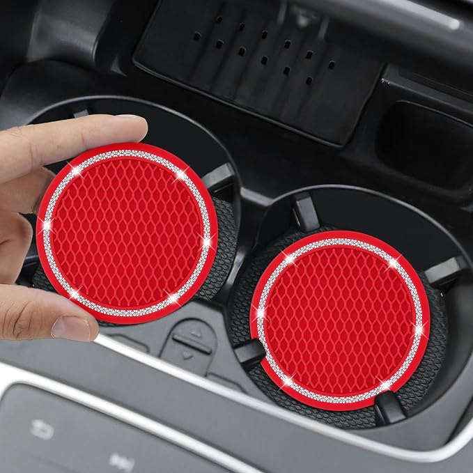 Car Coasters, 4 Pack Vehicle Bling Car Coaster, Universal Rhinestone Coaster for Cup Holders, Car Interior Accessories Silicone Car Coasters for Women(2.75'' Red, White Crystal Circle)