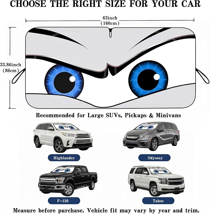 Car Windshield Sun Shade, Universal Fit Full-Size SUV Pickup MVP, Cool Gray | 63 x 33.86" Large Windshield Cover, Foldable Front Window Sunshade, UV Heat Protection, Cute Eyes Series